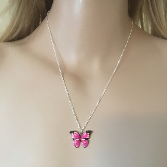 BEAUTIFUL Pink and Blue Butterfly Necklace Silver Plate Chain - Picture 4 of 5